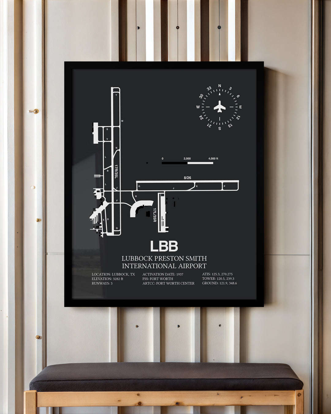 Framed Detailed Airport Map of Lubbock Preston Smith International Airport (LBB) in Gray with a Black Frame