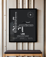 Framed Detailed Airport Map of Lubbock Preston Smith International Airport (LBB) in Gray with a Black Frame