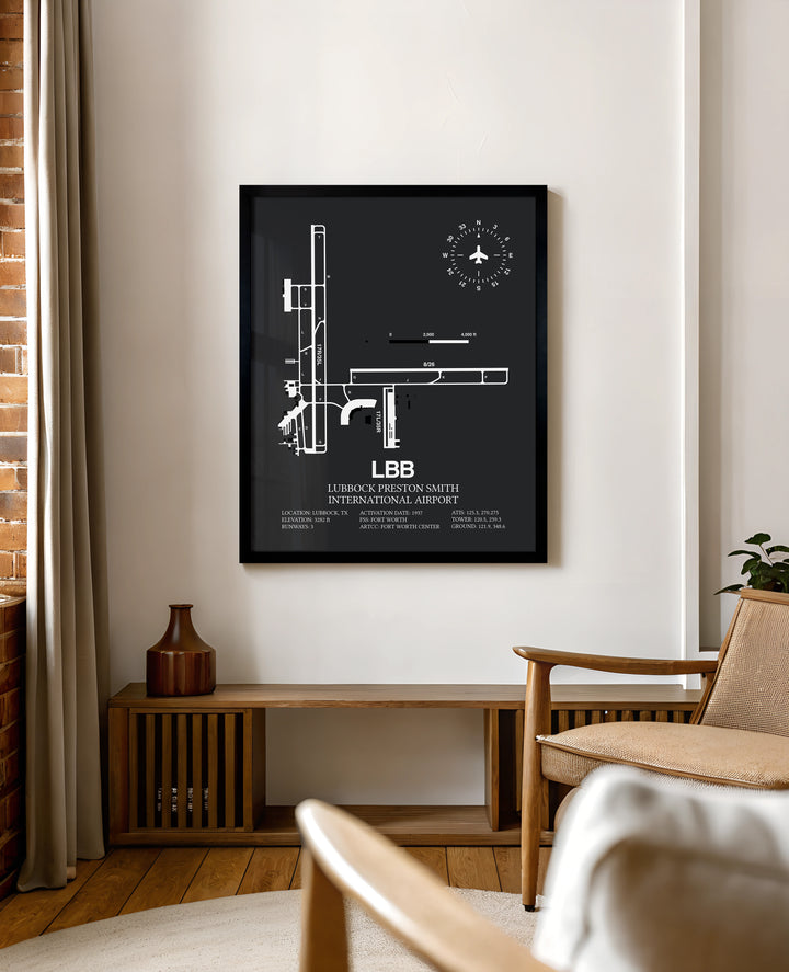 Framed Detailed Airport Map of Lubbock Preston Smith International Airport (LBB) in Gray with a Black Frame