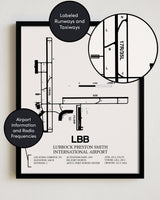 Framed Detailed Airport Map of Lubbock Preston Smith International Airport (LBB) in White with a Black Frame