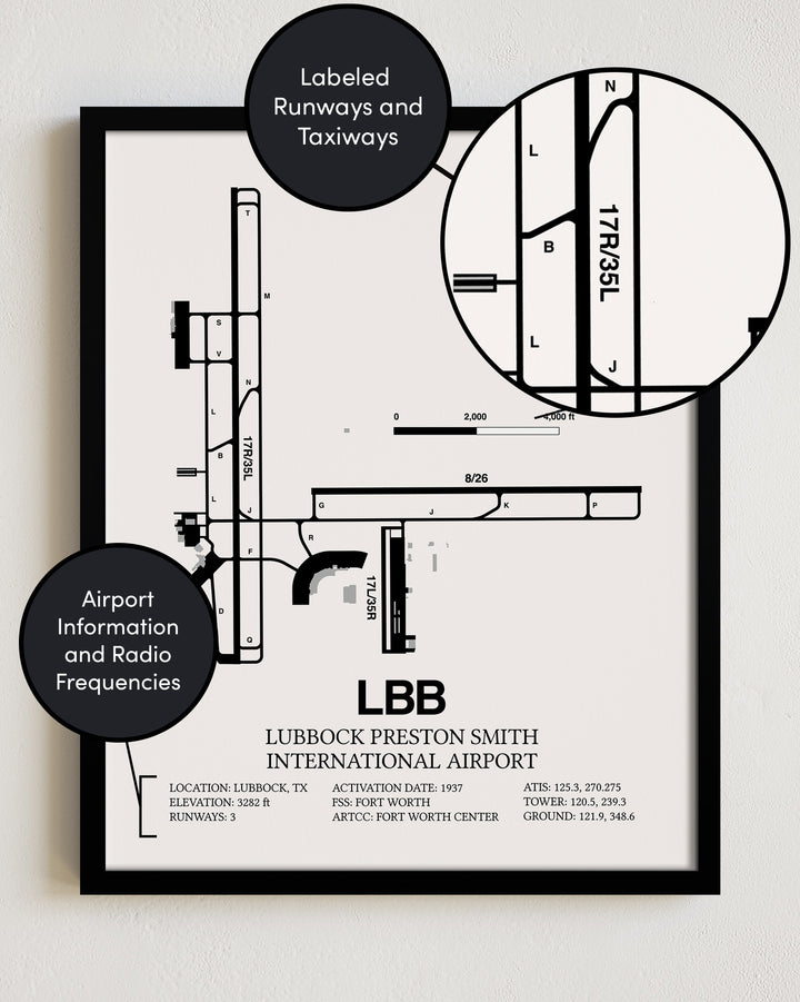Framed Detailed Airport Map of Lubbock Preston Smith International Airport (LBB) in White with a Black Frame