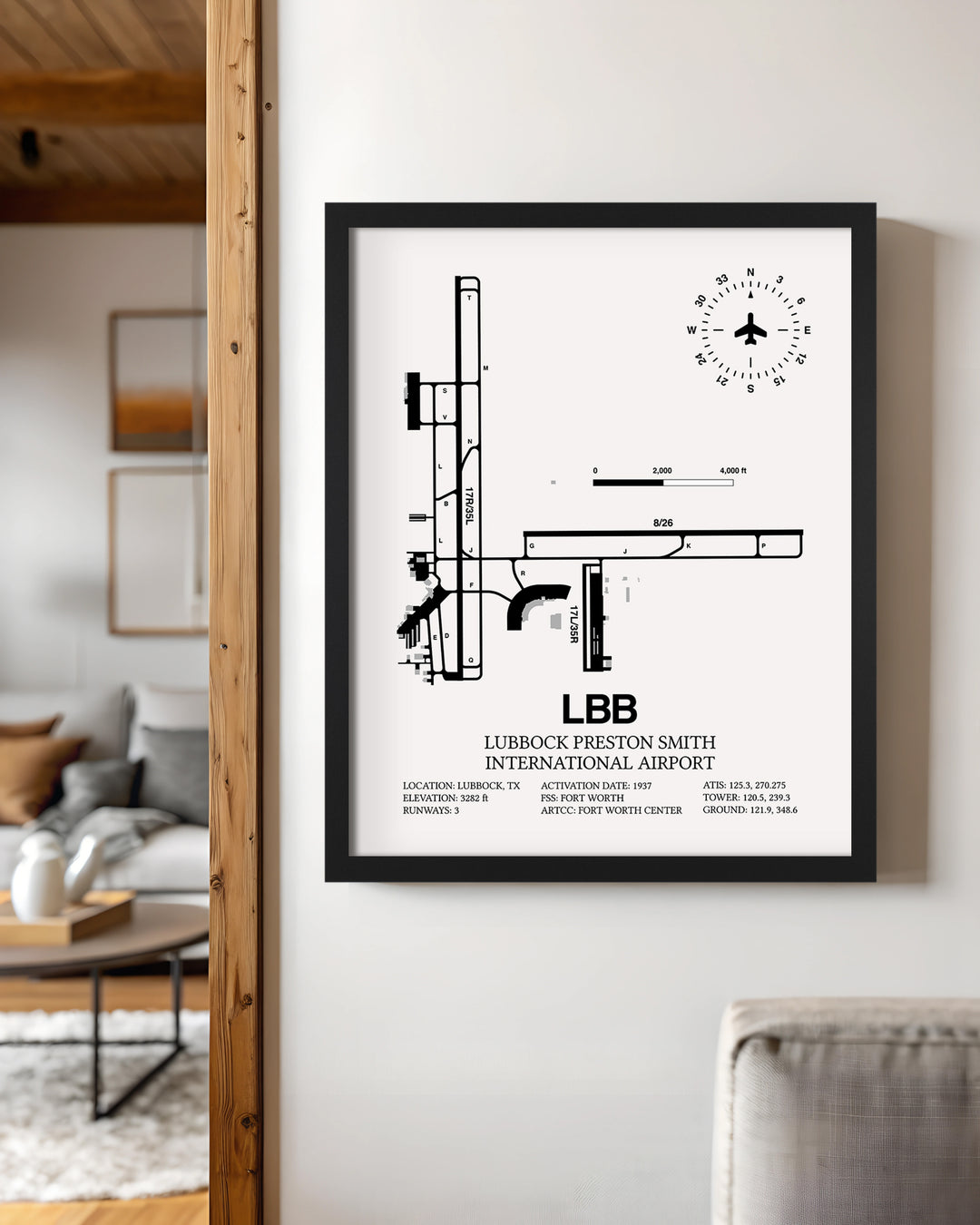 Framed Detailed Airport Map of Lubbock Preston Smith International Airport (LBB) in White with a Black Frame