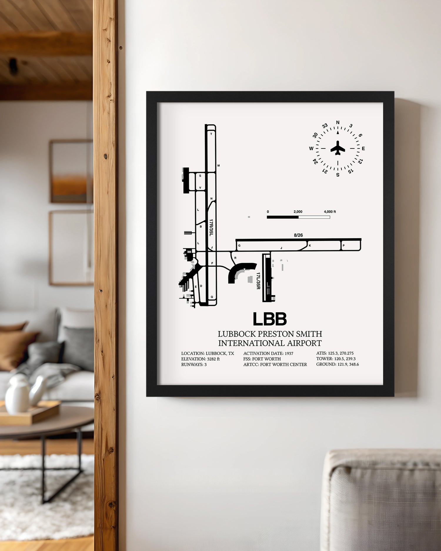 Framed Detailed Airport Map of Lubbock Preston Smith International Airport (LBB) in White with a Black Frame