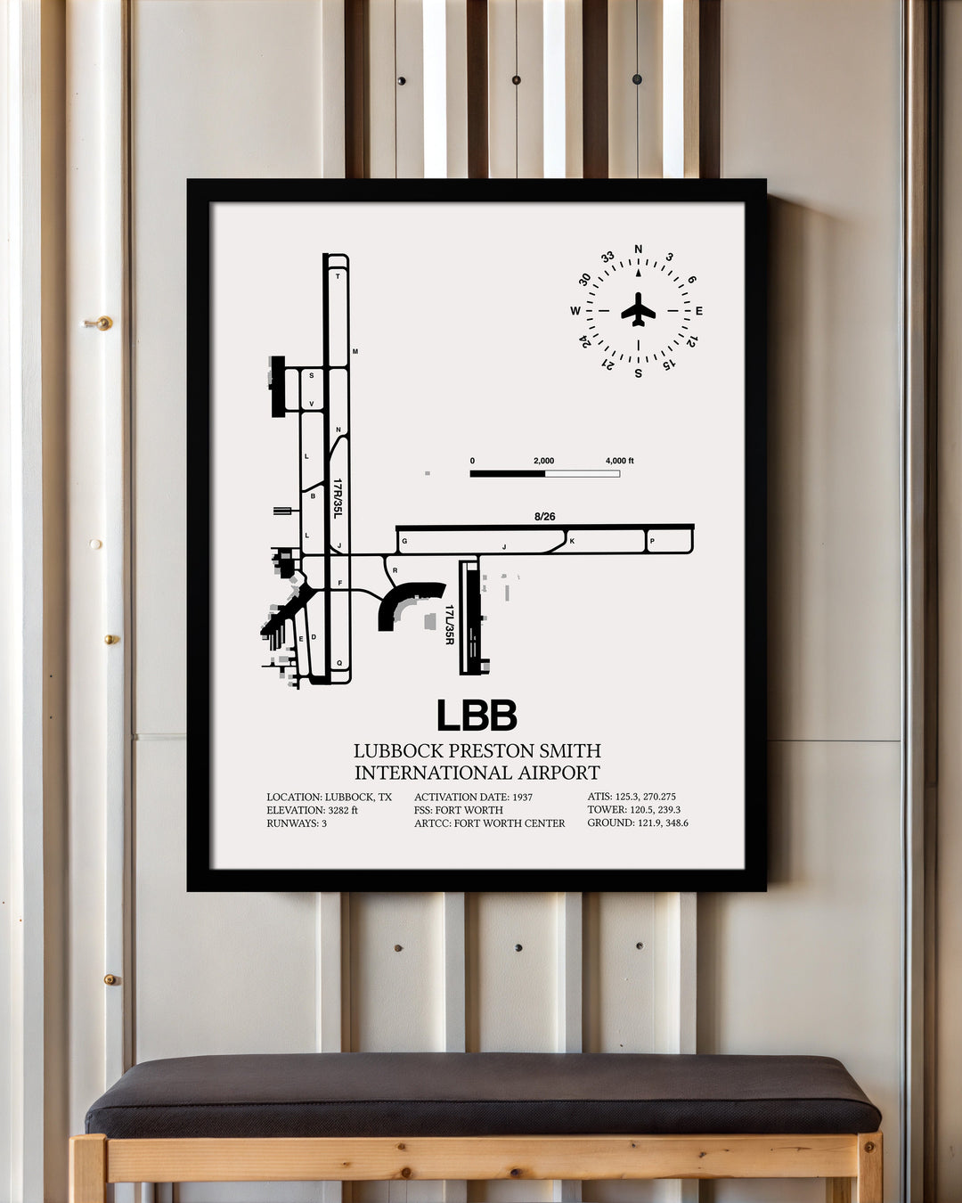 Framed Detailed Airport Map of Lubbock Preston Smith International Airport (LBB) in White with a Black Frame