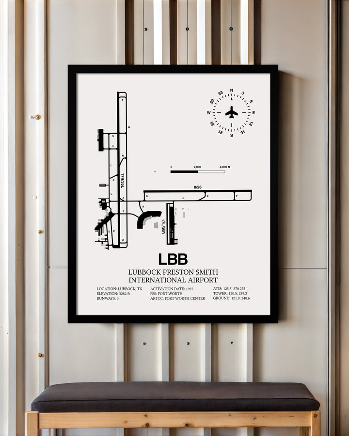 Framed Detailed Airport Map of Lubbock Preston Smith International Airport (LBB) in White with a Black Frame