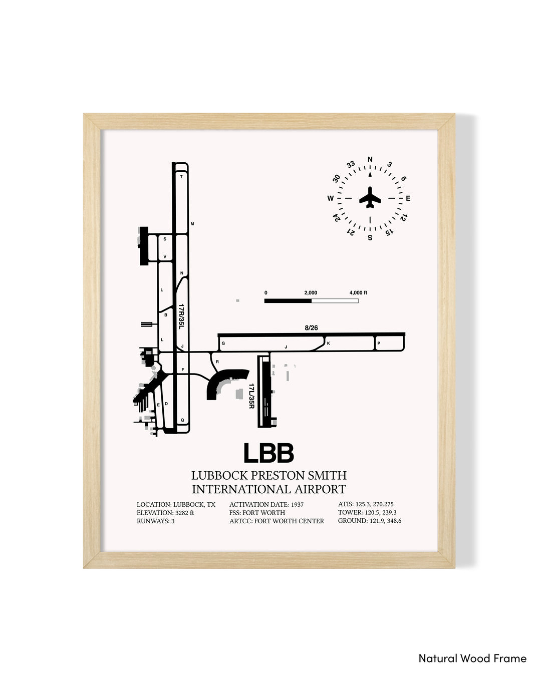Detailed Airport Map of Lubbock Preston Smith International Airport (LBB) in White with a Natural Frame
