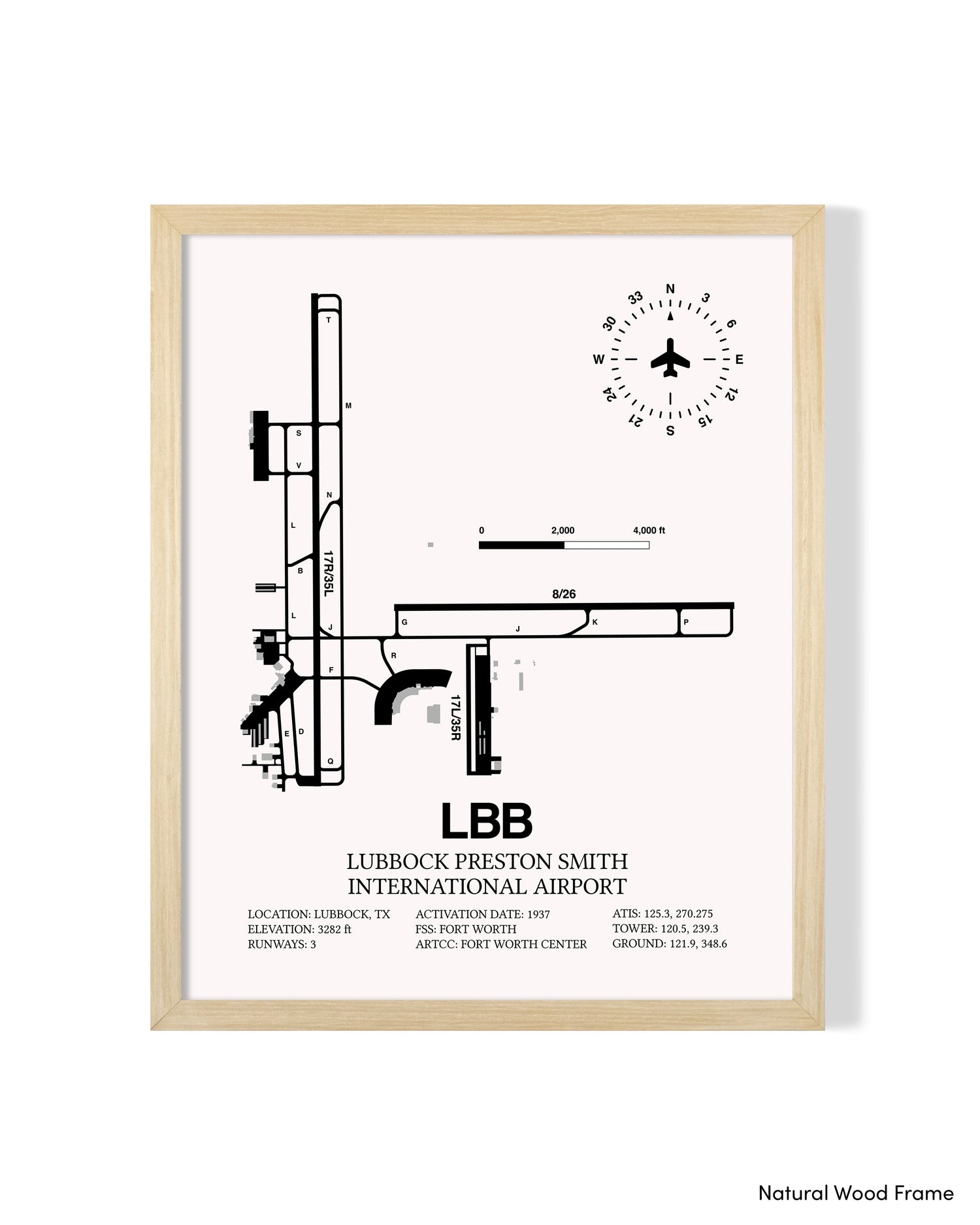Detailed Airport Map of Lubbock Preston Smith International Airport (LBB) in White with a Natural Frame