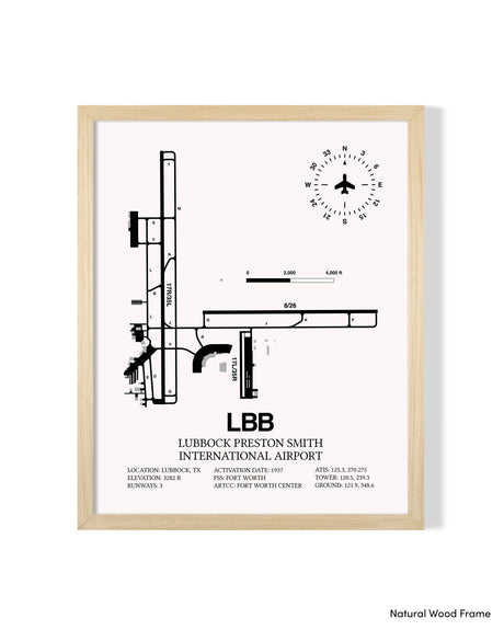 Detailed Airport Map of Lubbock Preston Smith International Airport (LBB) in White with a Natural Frame
