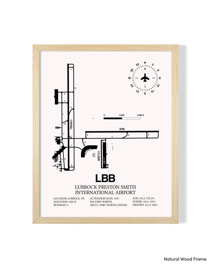 Detailed Airport Map of Lubbock Preston Smith International Airport (LBB) in White with a Natural Frame