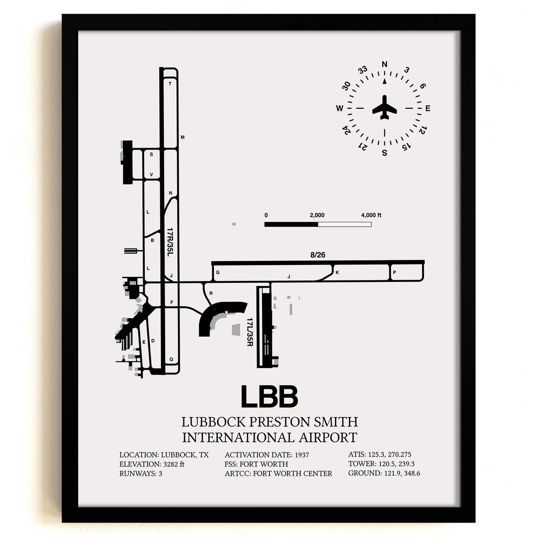Framed Detailed Airport Map of Lubbock Preston Smith International Airport (LBB) in White with a Black Frame