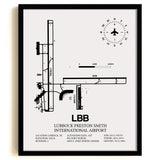 Framed Detailed Airport Map of Lubbock Preston Smith International Airport (LBB) in White with a Black Frame