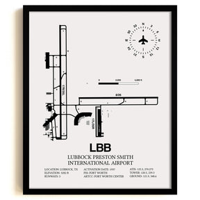 Framed Detailed Airport Map of Lubbock Preston Smith International Airport (LBB) in White with a Black Frame
