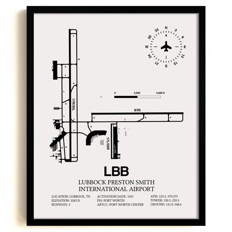 Framed Detailed Airport Map of Lubbock Preston Smith International Airport (LBB) in White with a Black Frame