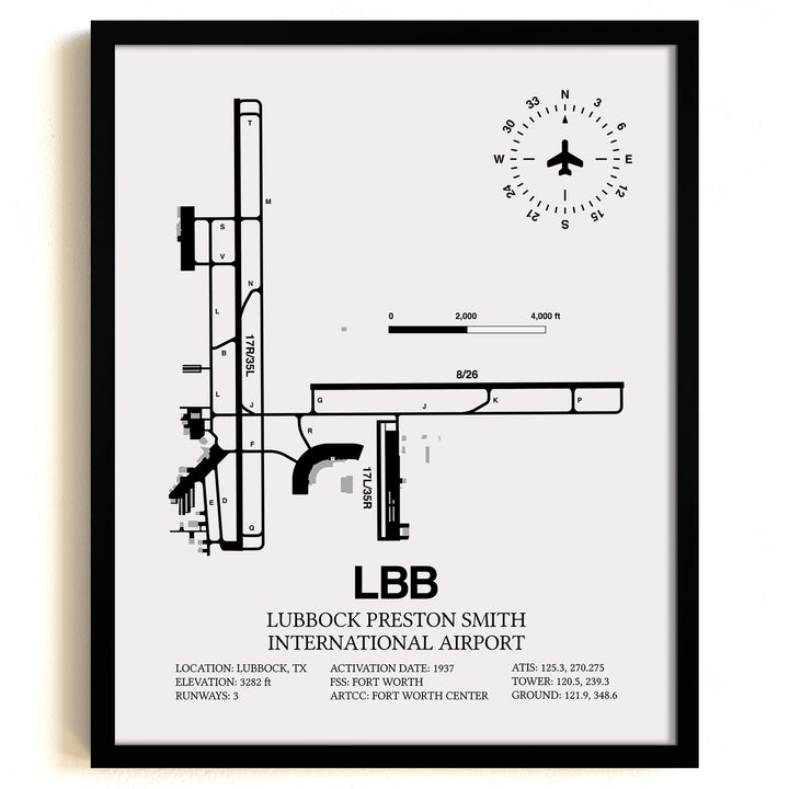 Framed Detailed Airport Map of Lubbock Preston Smith International Airport (LBB) in White with a Black Frame