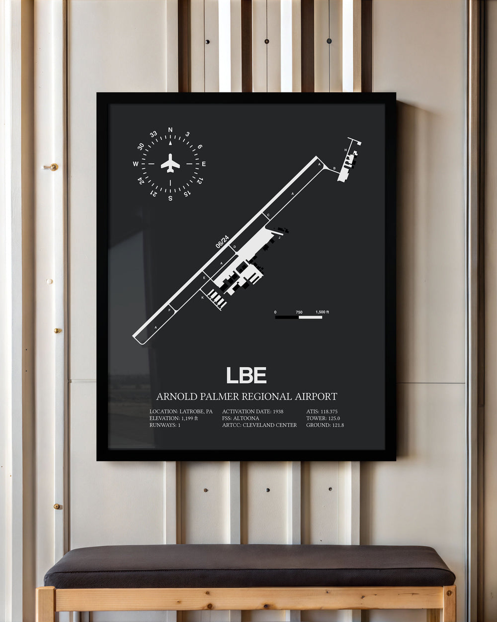 Framed Detailed Airport Map of Arnold Palmer Regional Airport (LBE) in Gray with a Black Frame
