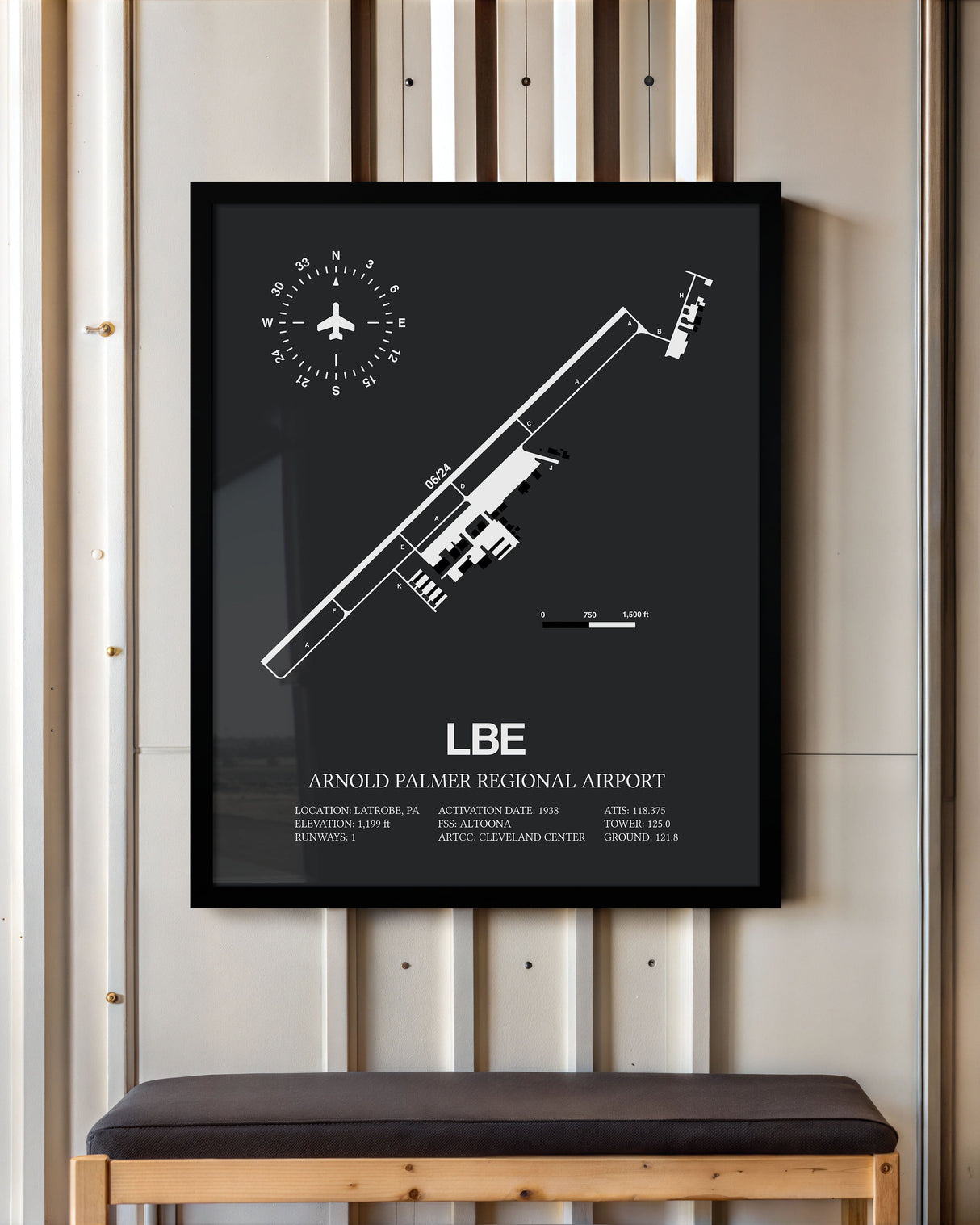 Framed Detailed Airport Map of Arnold Palmer Regional Airport (LBE) in Gray with a Black Frame