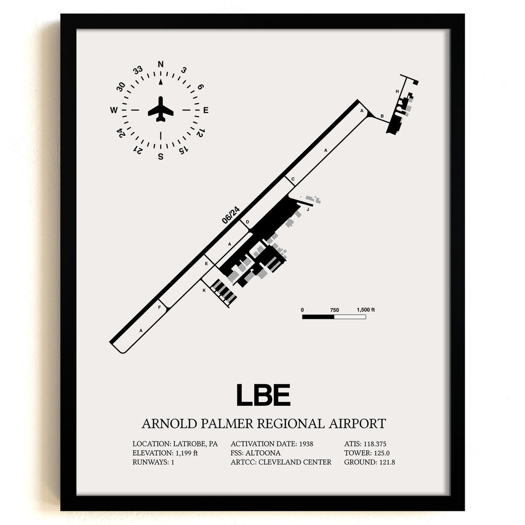 Framed Detailed Airport Map of Arnold Palmer Regional Airport (LBE) in White with a Black Frame