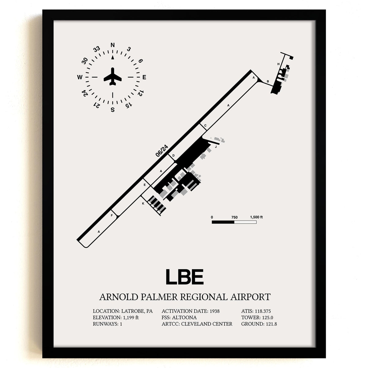 Framed Detailed Airport Map of Arnold Palmer Regional Airport (LBE) in White with a Black Frame