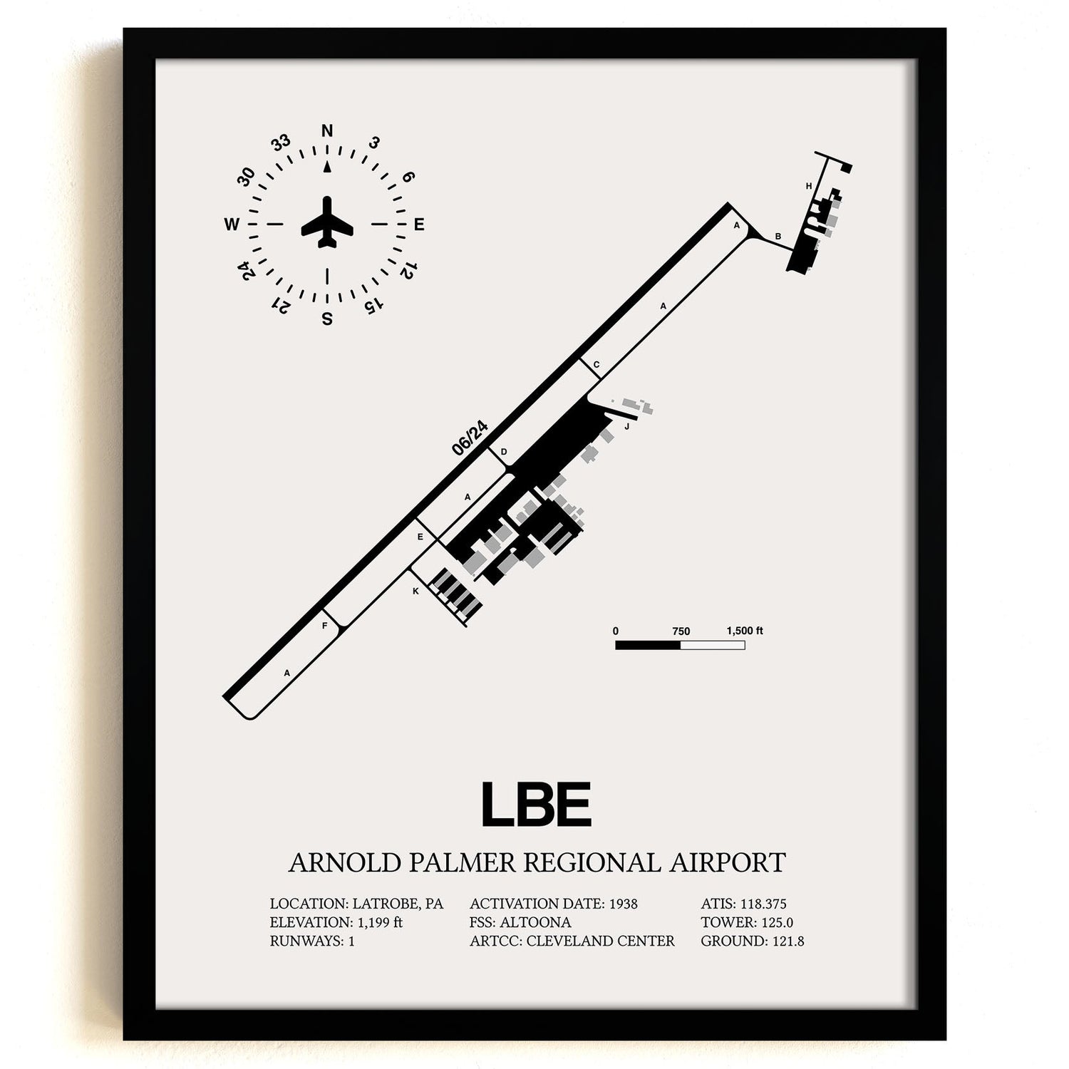 Framed Detailed Airport Map of Arnold Palmer Regional Airport (LBE) in White with a Black Frame