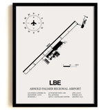 Framed Detailed Airport Map of Arnold Palmer Regional Airport (LBE) in White with a Black Frame