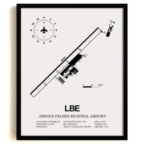 Framed Detailed Airport Map of Arnold Palmer Regional Airport (LBE) in White with a Black Frame
