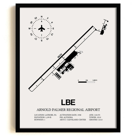 Framed Detailed Airport Map of Arnold Palmer Regional Airport (LBE) in White with a Black Frame