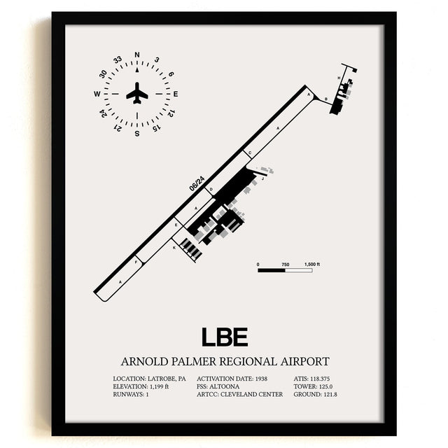 Framed Detailed Airport Map of Arnold Palmer Regional Airport (LBE) in White with a Black Frame