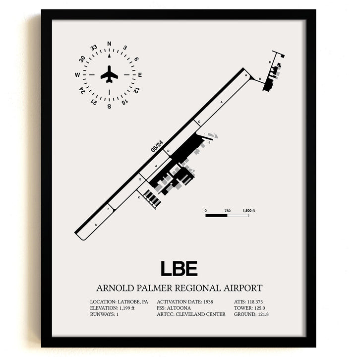 Framed Detailed Airport Map of Arnold Palmer Regional Airport (LBE) in White with a Black Frame