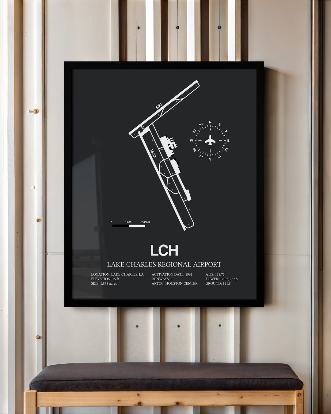 Framed Detailed Airport Map of Lake Charles Regional Airport (LCH) in Gray with a Black Frame