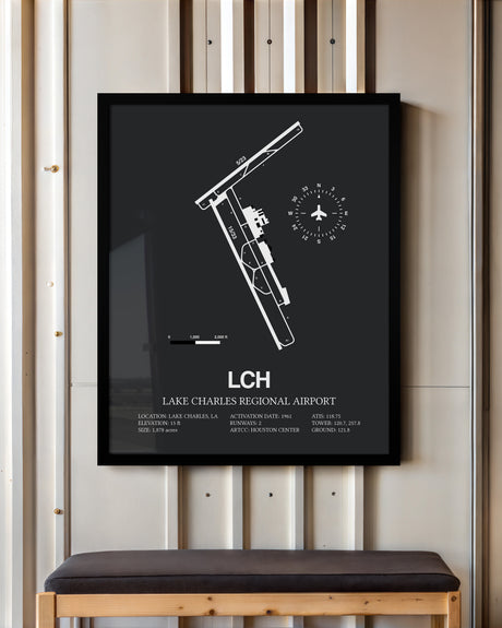 Framed Detailed Airport Map of Lake Charles Regional Airport (LCH) in Gray with a Black Frame
