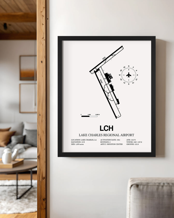 Framed Detailed Airport Map of Lake Charles Regional Airport (LCH) in White with a Black Frame