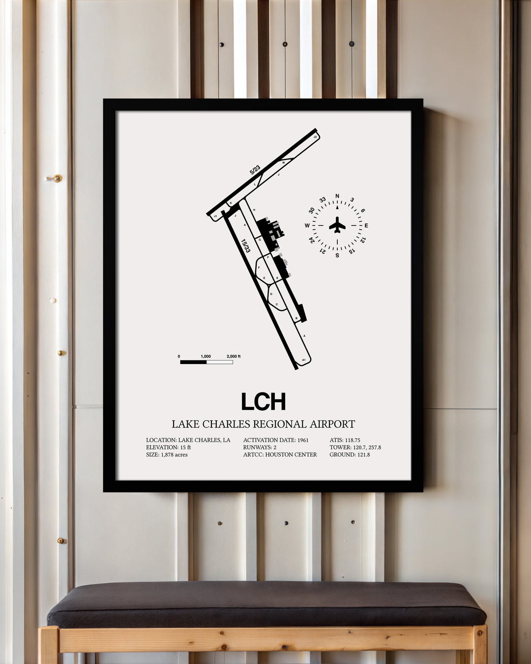 Framed Detailed Airport Map of Lake Charles Regional Airport (LCH) in White with a Black Frame