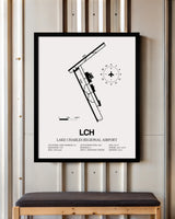 Framed Detailed Airport Map of Lake Charles Regional Airport (LCH) in White with a Black Frame