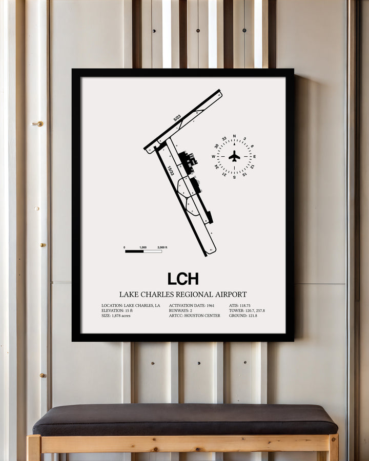 Framed Detailed Airport Map of Lake Charles Regional Airport (LCH) in White with a Black Frame