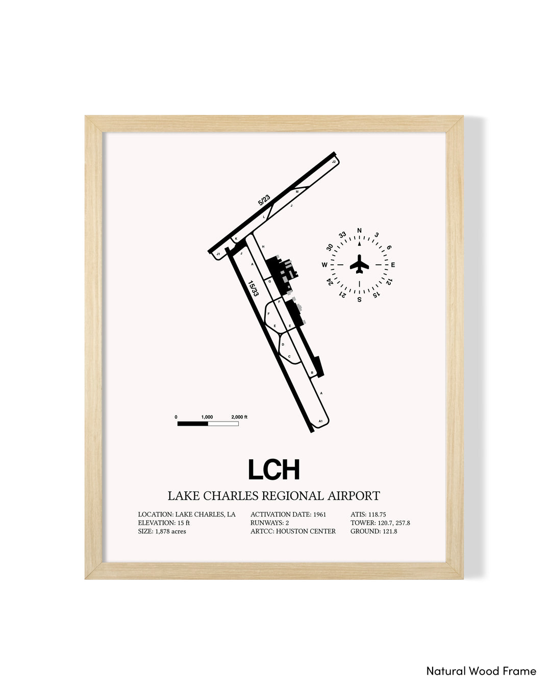 Detailed Airport Map of Lake Charles Regional Airport (LCH) in White with a Natural Frame
