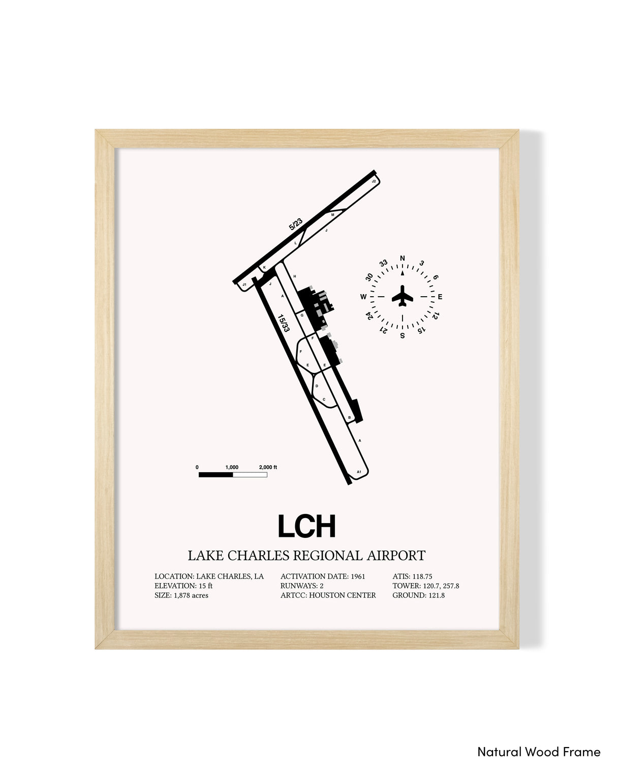 Detailed Airport Map of Lake Charles Regional Airport (LCH) in White with a Natural Frame