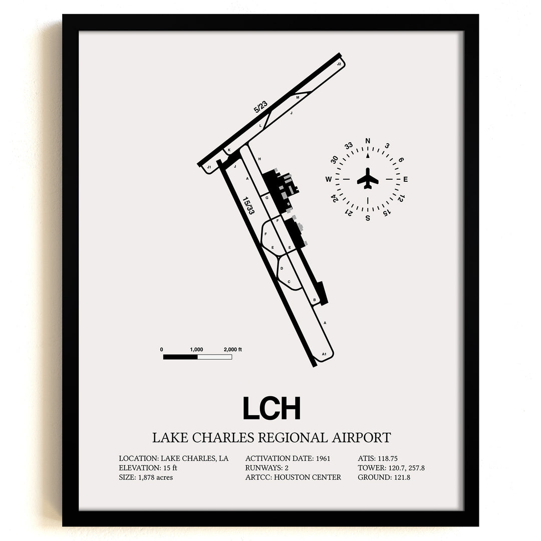 Framed Detailed Airport Map of Lake Charles Regional Airport (LCH) in White with a Black Frame