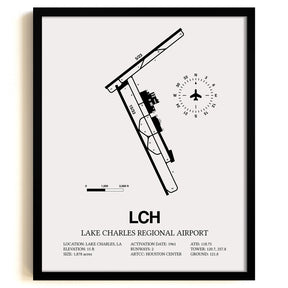 Framed Detailed Airport Map of Lake Charles Regional Airport (LCH) in White with a Black Frame