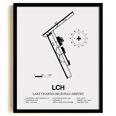 Framed Detailed Airport Map of Lake Charles Regional Airport (LCH) in White with a Black Frame