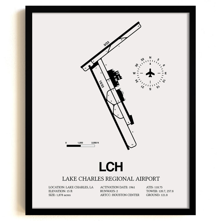 Framed Detailed Airport Map of Lake Charles Regional Airport (LCH) in White with a Black Frame