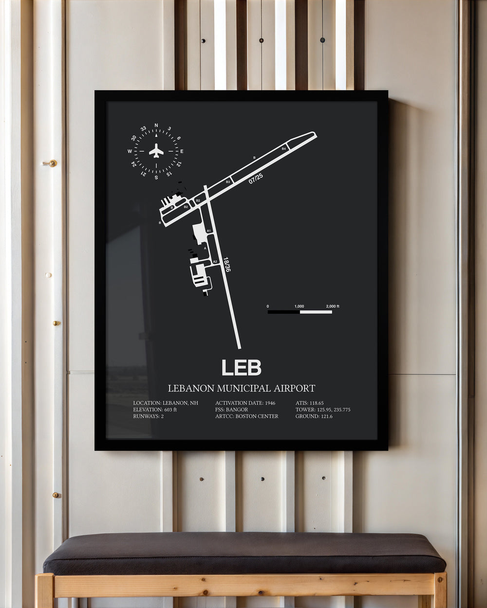 Framed Detailed Airport Map of Lebanon Municipal Airport (LEB) in Gray with a Black Frame