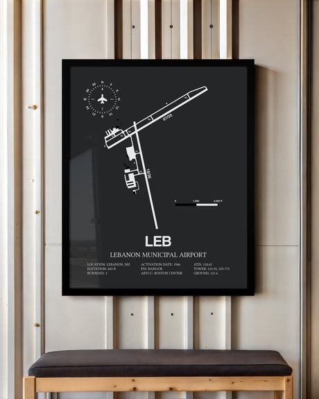 Framed Detailed Airport Map of Lebanon Municipal Airport (LEB) in Gray with a Black Frame