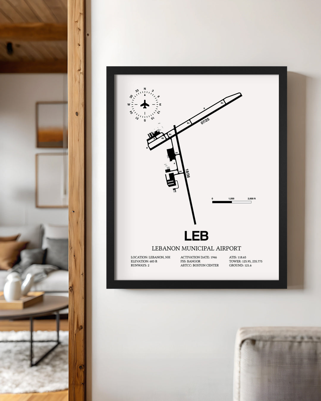Framed Detailed Airport Map of Lebanon Municipal Airport (LEB) in White with a Black Frame