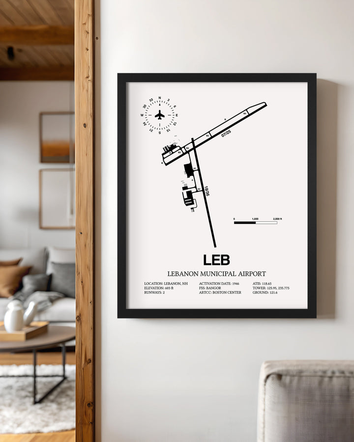 Framed Detailed Airport Map of Lebanon Municipal Airport (LEB) in White with a Black Frame