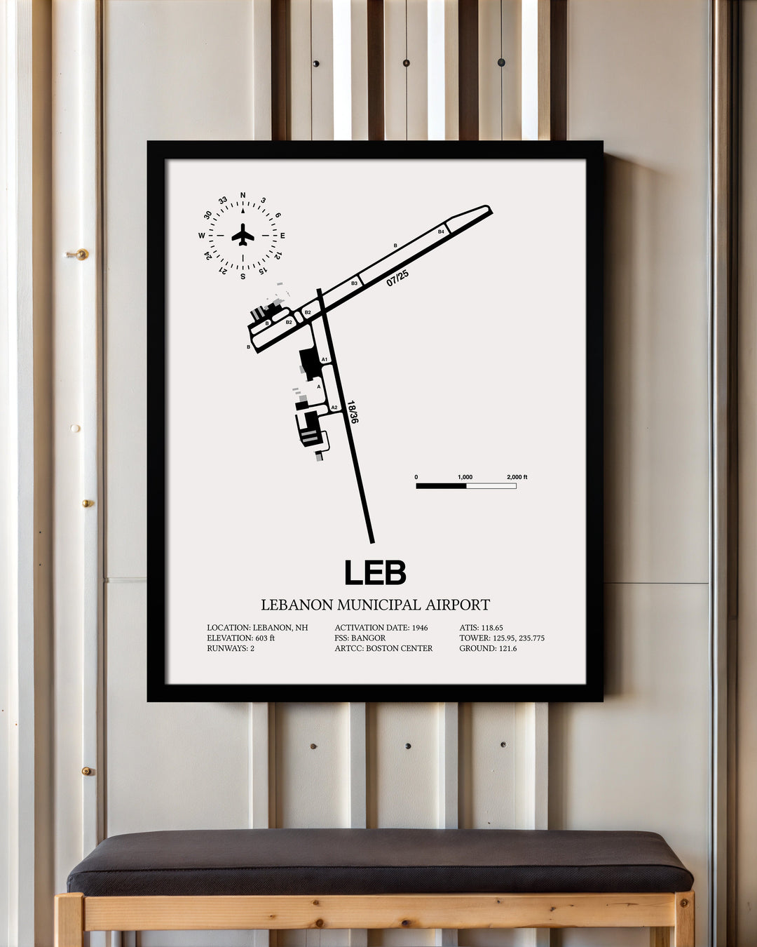 Framed Detailed Airport Map of Lebanon Municipal Airport (LEB) in White with a Black Frame