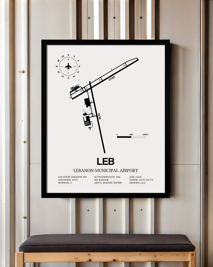 Framed Detailed Airport Map of Lebanon Municipal Airport (LEB) in White with a Black Frame