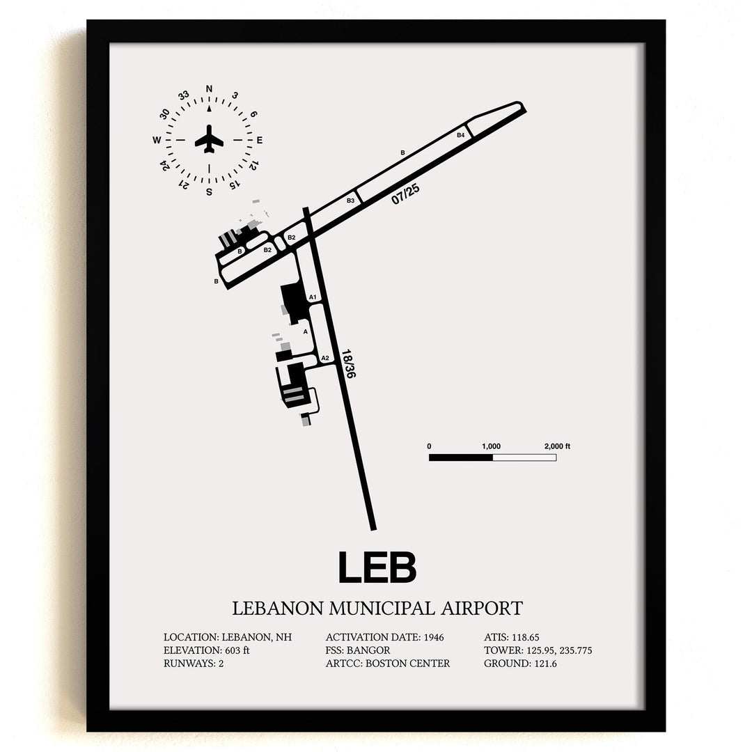 Framed Detailed Airport Map of Lebanon Municipal Airport (LEB) in White with a Black Frame