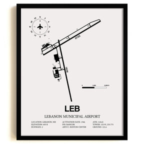 Framed Detailed Airport Map of Lebanon Municipal Airport (LEB) in White with a Black Frame