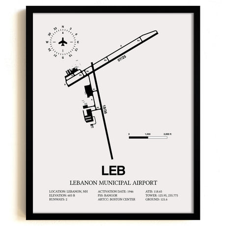 Framed Detailed Airport Map of Lebanon Municipal Airport (LEB) in White with a Black Frame