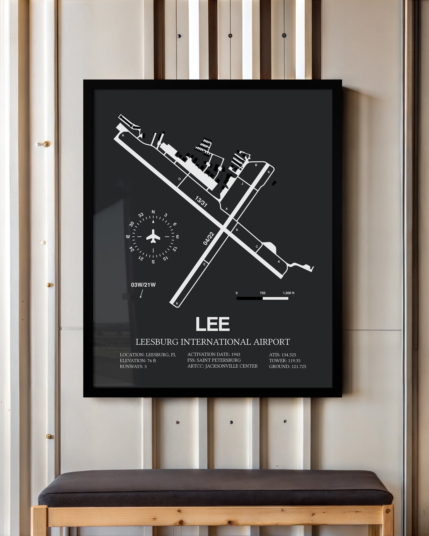 Framed Detailed Airport Map of Leesburg International Airport (LEE) in Gray with a Black Frame